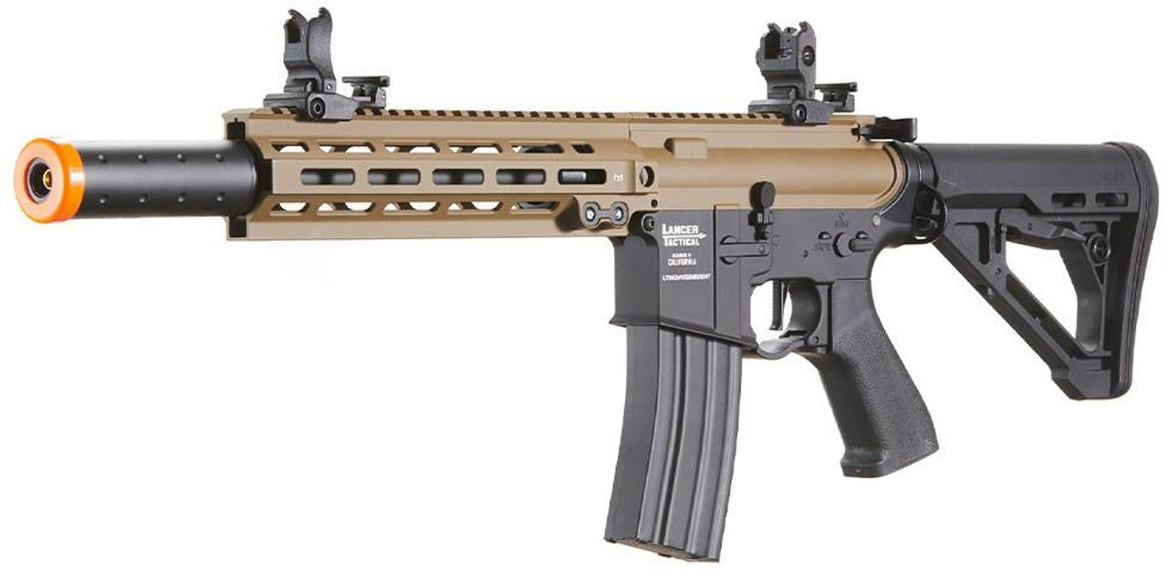 Lancer Tactical Blazer 10" M-LOK Proline Series M4 Airsoft Rifle with Delta Stock & Mock Suppressor, FDE/Black