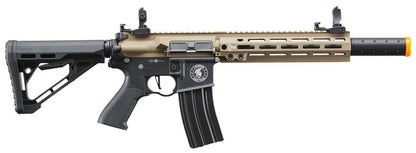 Lancer Tactical Blazer 10" M-LOK Proline Series M4 Airsoft Rifle with Delta Stock & Mock Suppressor, FDE/Black