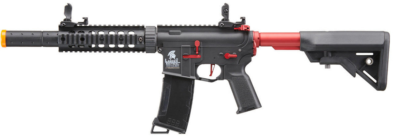 Lancer Tactical Gen 3 M4 Carbine SD AEG Airsoft Rifle with Red Accents, Black
