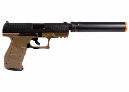 Walther PPQ Combat Airsoft Spring Pistol Kit with Fake Silencer and Extra Magazines and BBs, Dark Earth