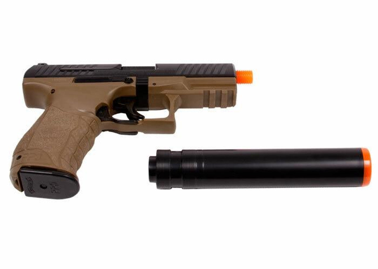 Walther PPQ Combat Airsoft Spring Pistol Kit with Fake Silencer and Extra Magazines and BBs, Dark Earth